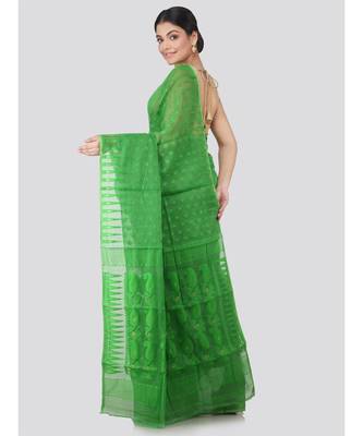 Pinkloom Women'S Green Hand Woven Jamdani-Sarees Without Blouse 3