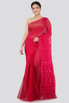 Pinkloom Women'S Pink Hand Woven Jamdani-Sarees Without Blouse