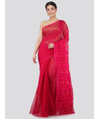 Pinkloom Women'S Pink Hand Woven Jamdani-Sarees Without Blouse 1