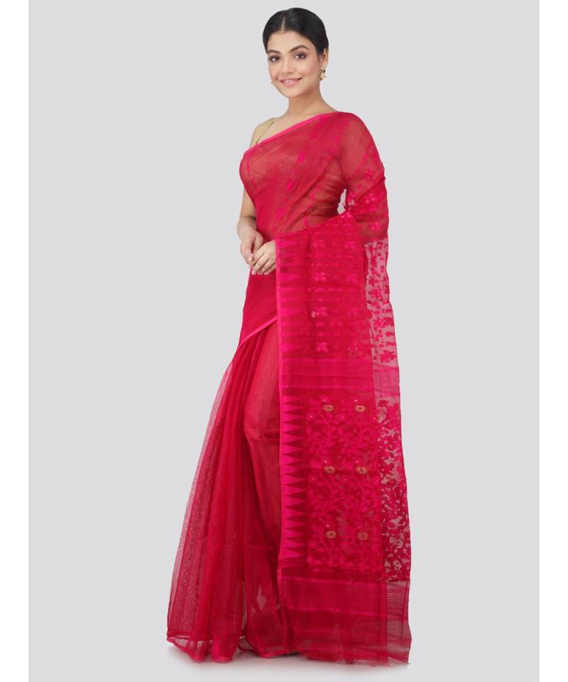 Pinkloom Women'S Pink Hand Woven Jamdani-Sarees Without Blouse