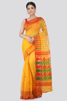 Pinkloom Women'S Yellow Hand Woven Jamdani-Sarees Without Blouse