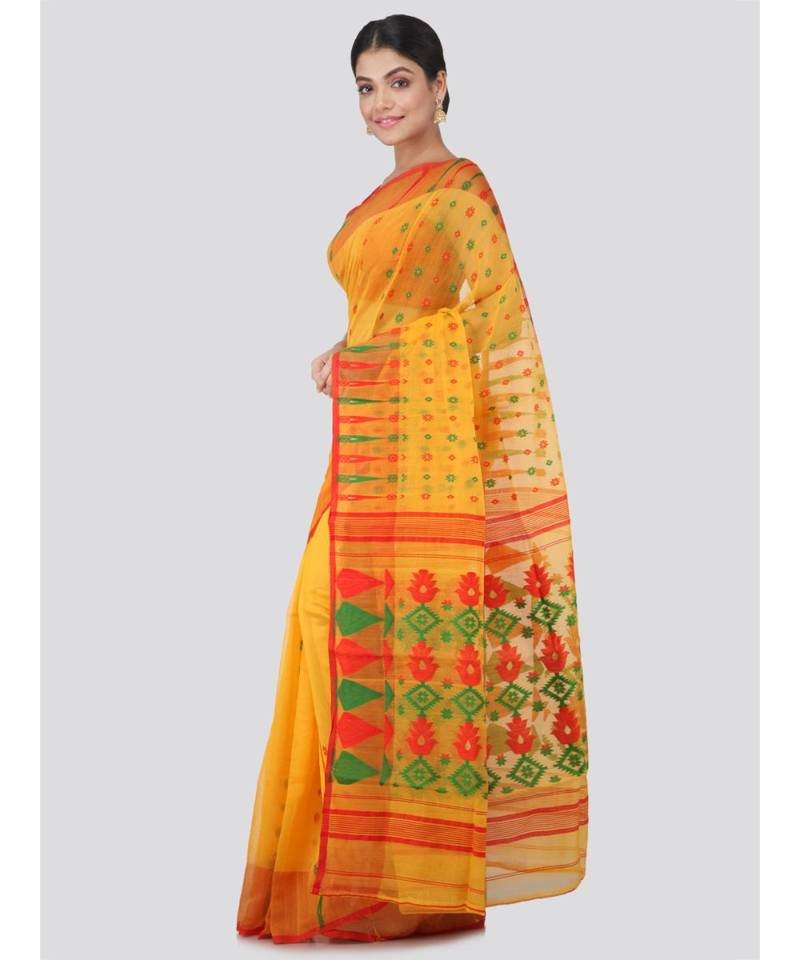 Pinkloom Women'S Yellow Hand Woven Jamdani-Sarees Without Blouse
