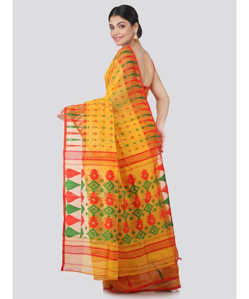 Pinkloom Women'S Yellow Hand Woven Jamdani-Sarees Without Blouse
