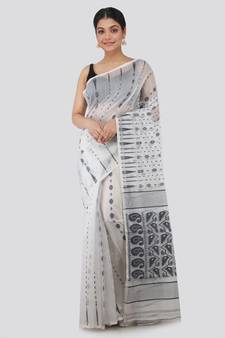 Pinkloom Women'S White Hand Woven Jamdani-Sarees Without Blouse