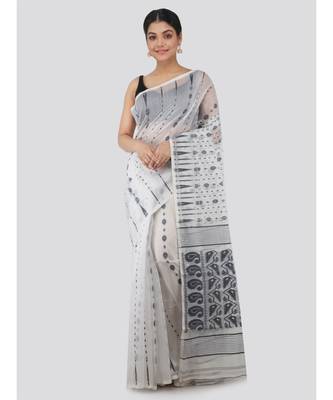 Pinkloom Women'S White Hand Woven Jamdani-Sarees Without Blouse 1