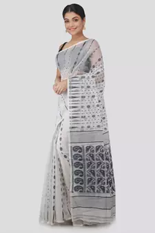 Pinkloom Women'S White Hand Woven Jamdani-Sarees Without Blouse