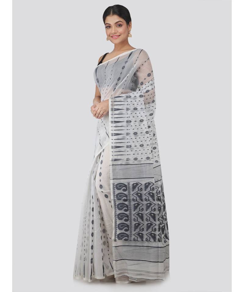 Pinkloom Women'S White Hand Woven Jamdani-Sarees Without Blouse