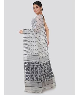 Pinkloom Women'S White Hand Woven Jamdani-Sarees Without Blouse 3