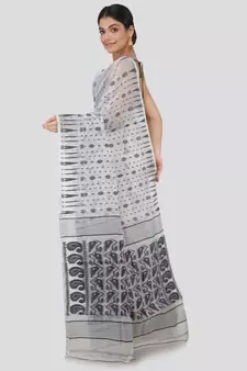 Pinkloom Women'S White Hand Woven Jamdani-Sarees Without Blouse