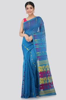 Pinkloom Women'S Blue Hand Woven Jamdani-Sarees Without Blouse