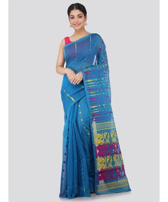 Pinkloom Women'S Blue Hand Woven Jamdani-Sarees Without Blouse 1