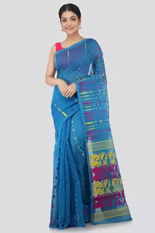 Pinkloom Women'S Blue Hand Woven Jamdani-Sarees Without Blouse