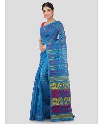 Pinkloom Women'S Blue Hand Woven Jamdani-Sarees Without Blouse 2