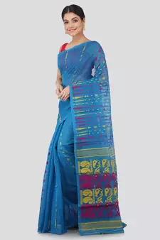 Pinkloom Women'S Blue Hand Woven Jamdani-Sarees Without Blouse