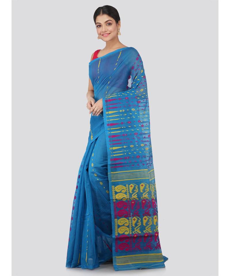 Pinkloom Women'S Blue Hand Woven Jamdani-Sarees Without Blouse