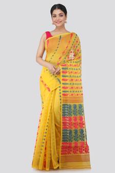 Pinkloom Women'S Yellow Hand Woven Jamdani-Sarees Without Blouse