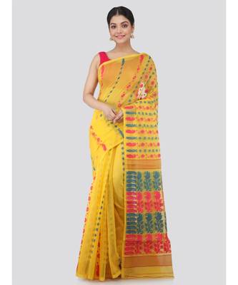 Pinkloom Women'S Yellow Hand Woven Jamdani-Sarees Without Blouse 1