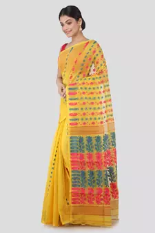 Pinkloom Women'S Yellow Hand Woven Jamdani-Sarees Without Blouse