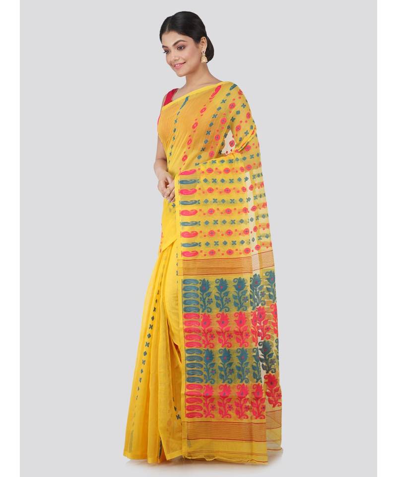Pinkloom Women'S Yellow Hand Woven Jamdani-Sarees Without Blouse