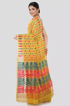 Pinkloom Women'S Yellow Hand Woven Jamdani-Sarees Without Blouse