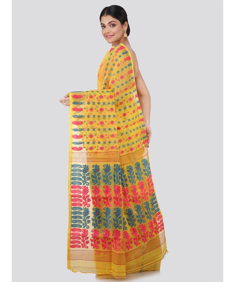 Pinkloom Women'S Yellow Hand Woven Jamdani-Sarees Without Blouse