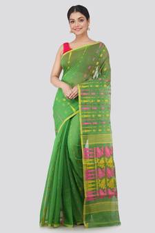 Pinkloom Women'S Green Hand Woven Jamdani-Sarees Without Blouse