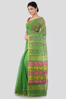 Pinkloom Women'S Green Hand Woven Jamdani-Sarees Without Blouse