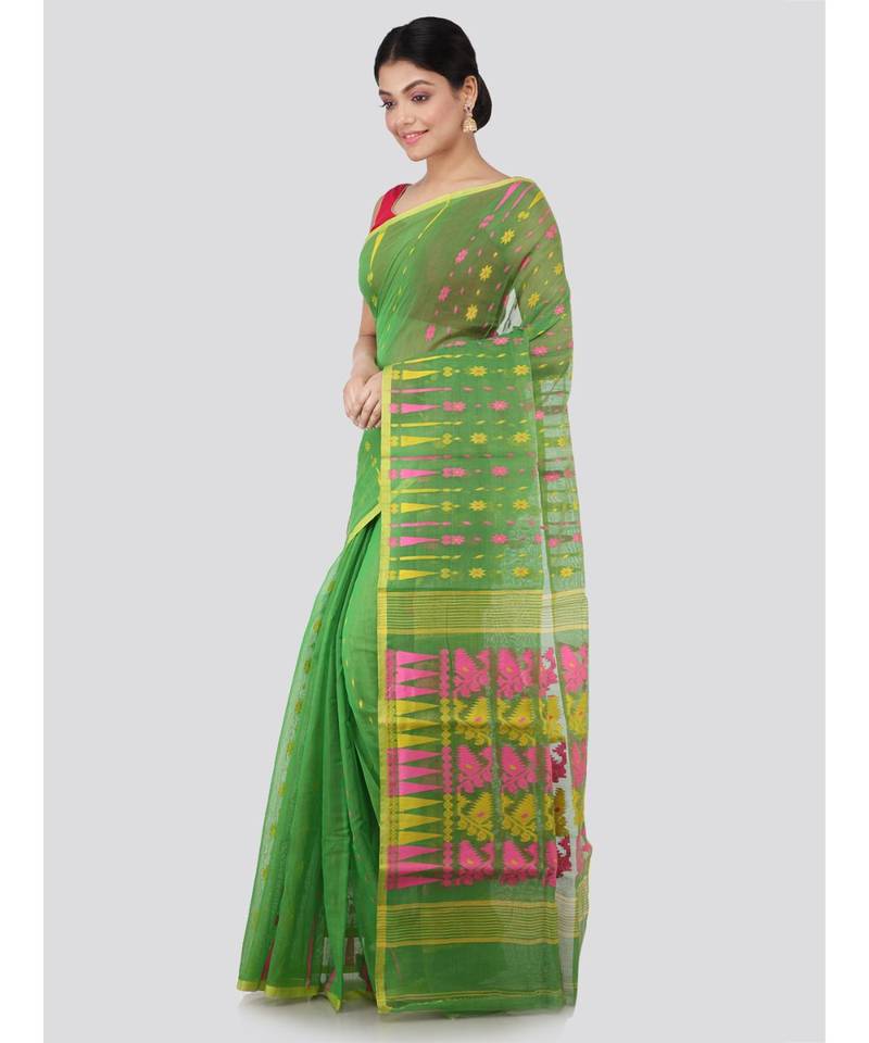 Pinkloom Women'S Green Hand Woven Jamdani-Sarees Without Blouse