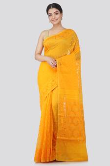 Pinkloom Women'S Yellow Hand Woven Jamdani-Sarees Without Blouse