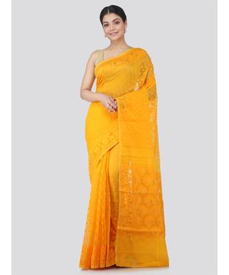 Pinkloom Women'S Yellow Hand Woven Jamdani-Sarees Without Blouse 1