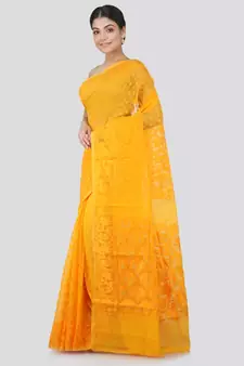 Pinkloom Women'S Yellow Hand Woven Jamdani-Sarees Without Blouse