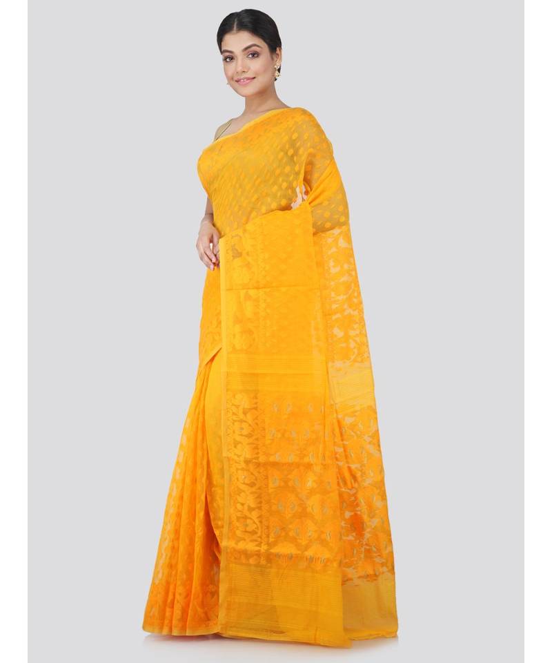 Pinkloom Women'S Yellow Hand Woven Jamdani-Sarees Without Blouse