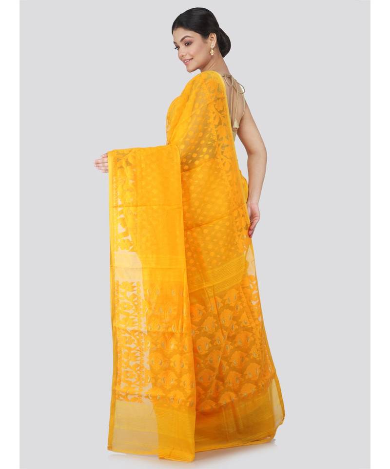 Pinkloom Women'S Yellow Hand Woven Jamdani-Sarees Without Blouse