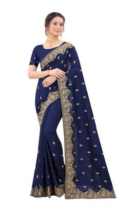 Navy blue plain silk blend saree with blouse 1