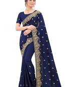 Navy blue plain silk blend saree with blouse