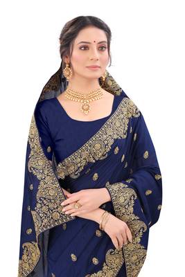Navy blue plain silk blend saree with blouse 2