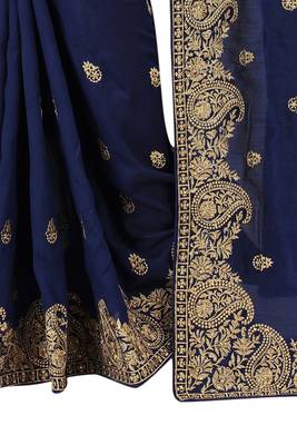 Navy blue plain silk blend saree with blouse 3