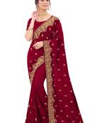 Maroon plain silk blend saree with blouse