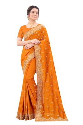 Mustard plain silk blend saree with blouse 1