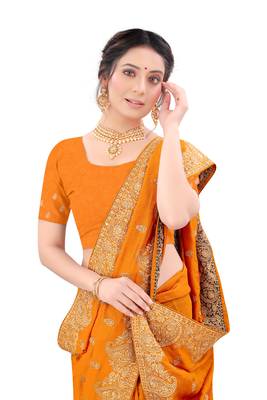 Mustard plain silk blend saree with blouse 2