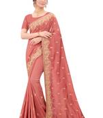 Peach plain silk blend saree with blouse