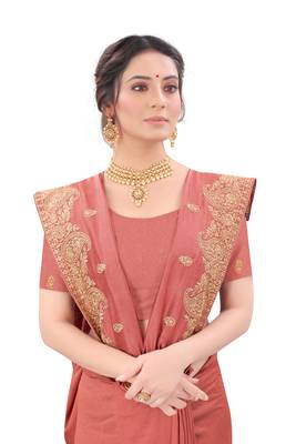Peach plain silk blend saree with blouse 2