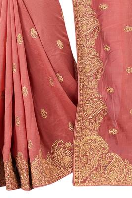Peach plain silk blend saree with blouse 3