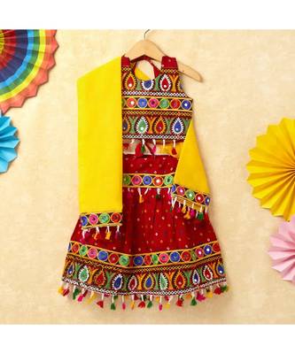 Banjara India Kutchi Emboidered White Girls Chaniya Choli with Dupatta (CC-POP) - Red 1
