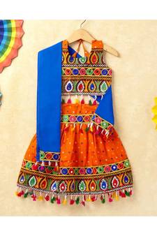 Banjara India Kutchi Emboidered Blue Girls Chaniya Choli with Dupatta (CC-POP) - Orange