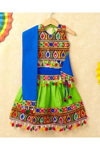 Banjara India Kutchi Emboidered Black Girls Chaniya Choli with Dupatta (CC-DROP) - GREEN