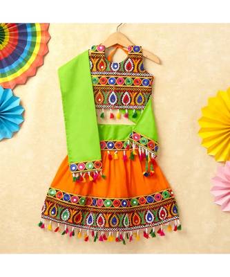 Banjara India Kutchi Emboidered Red Girls Chaniya Choli with Dupatta (CC-DROP) - ORANGE 1