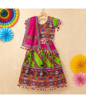 Banjara India Kutchi Emboidered Green Girls Chaniya Choli with Dupatta (CC-WAVE) - Green 1