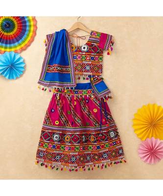 Banjara India Kutchi Emboidered Pink Girls Chaniya Choli with Dupatta (CC-WAVE) - Pink 1