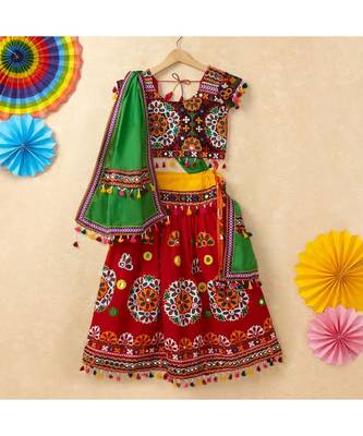 Banjara India Kutchi Emboidered Red Girls Chaniya Choli with Dupatta (CC-RING) - Red 1